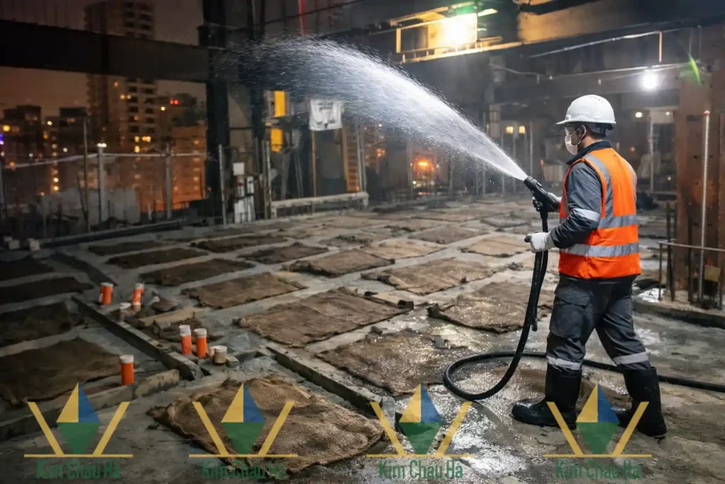 Công nhân mặc đồ bảo hộ tưới nước bảo dưỡng bê tông bằng bao bố tại công trình Hội An