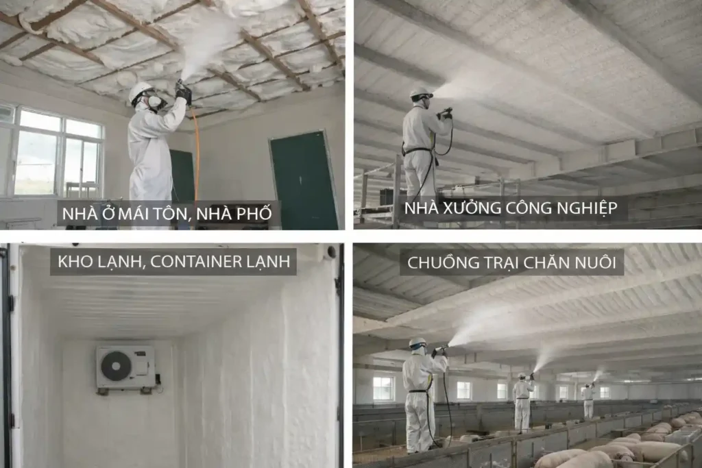 Thi công phun PU Foam cách nhiệt cho nhà ở, nhà xưởng, kho lạnh và chuồng trại chăn nuôi.