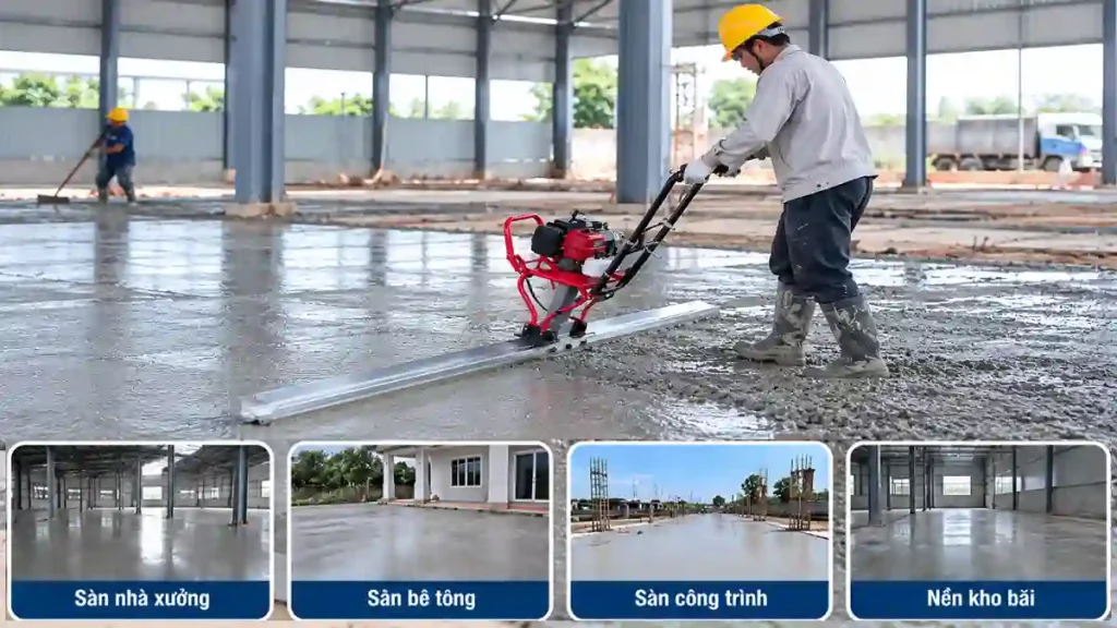 Công nhân sử dụng máy đầm thước để đầm và làm phẳng sàn bê tông