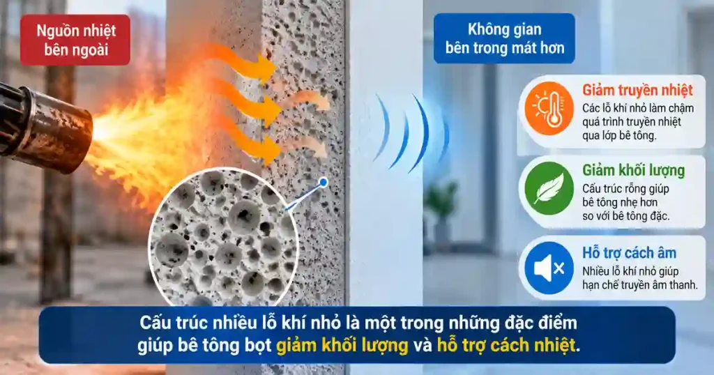 Cấu trúc lỗ khí của bê tông bọt giúp giảm khối lượng và hỗ trợ cách nhiệt